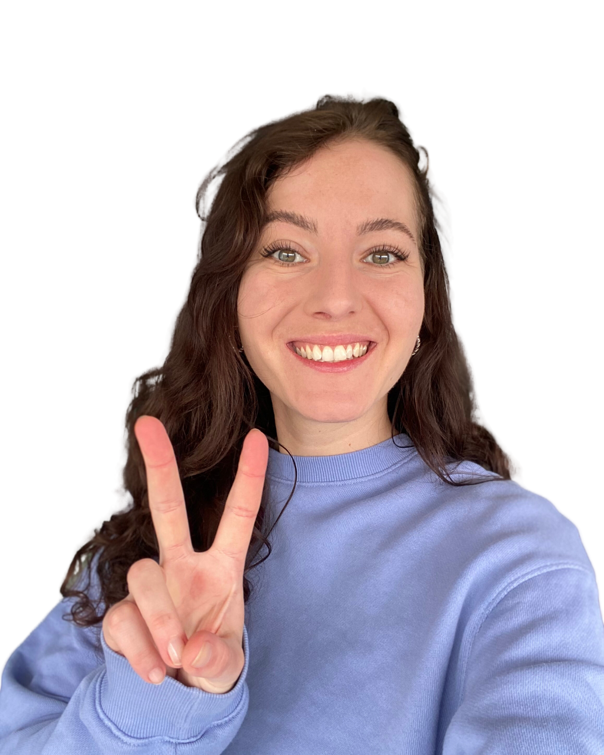 Hannah Natterer die Texterin deines Vertrauens sagt mit einem Peace-Zeichen hallo